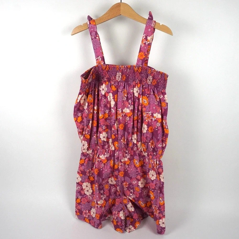 Gap Kids Floral Romper Kids XL 12 Purple Orange Smocked Tie‎ Strap NWT